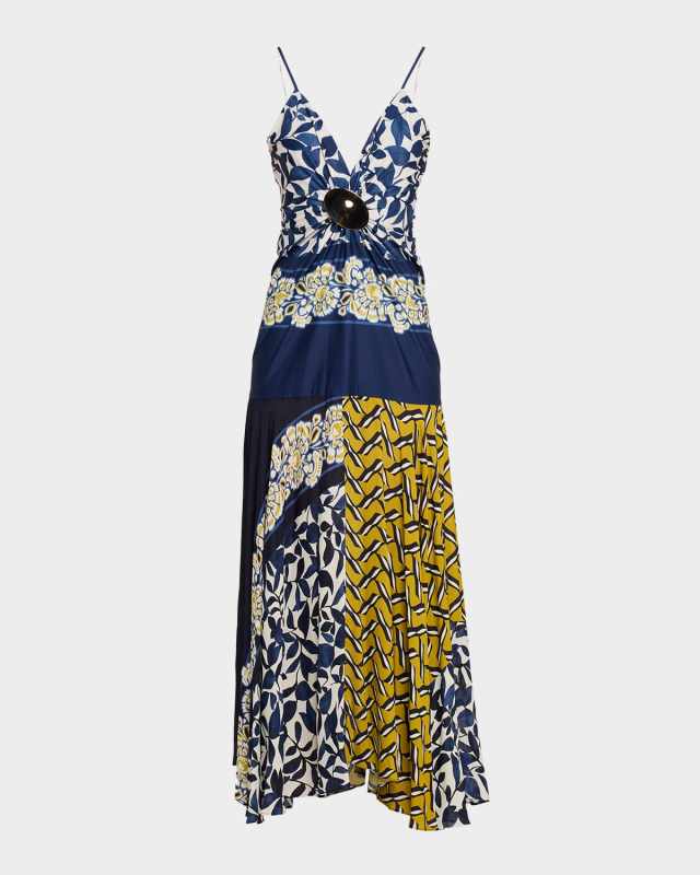 Casiana Mixed-Print Sleeveless Drop-Waist Maxi Dress